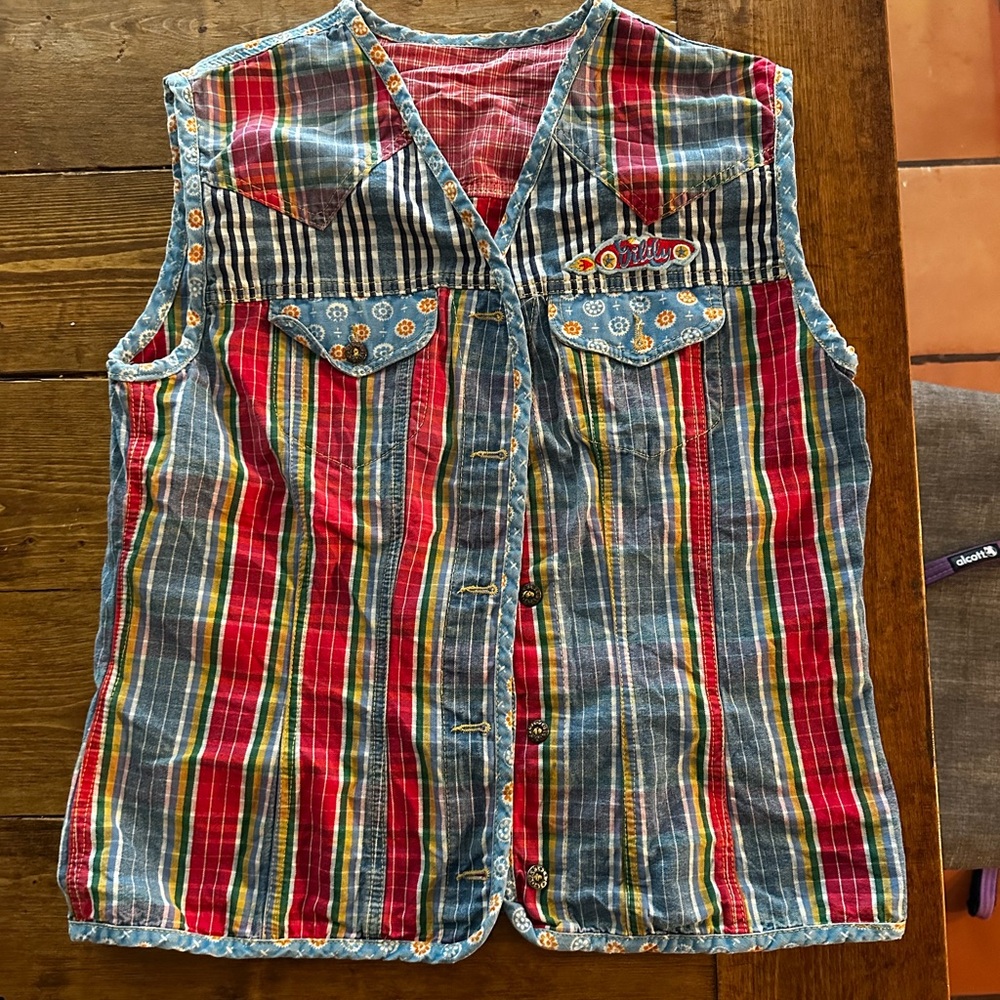Oilily Red and Blue Button Down Shirt with Plaid Design
